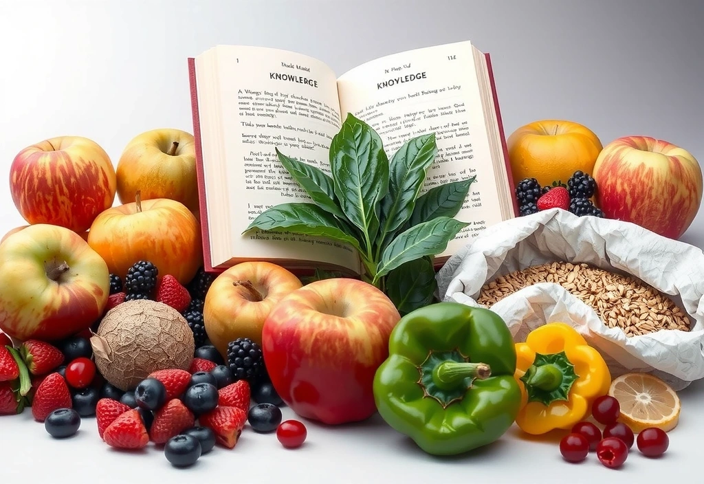 Offene Bücher und frische Lebensmittel symbolisieren Wissen und gesunde Ernährung
