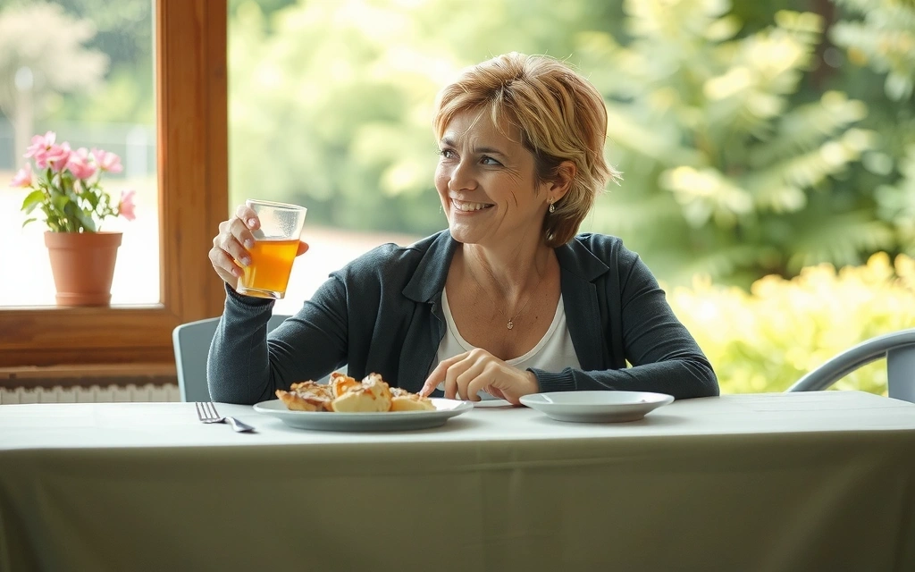 Frau entspannt und lächelt, genießt eine gesunde Mahlzeit