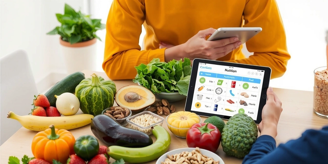 Vielfältige gesunde Lebensmittel und eine Person, die einen personalisierten Ernährungsplan studiert, symbolisiert Individualität und Personalisierung in der Ernährung.