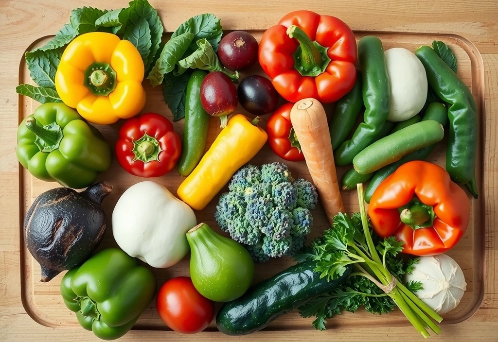 Eine Auswahl an frischem Gemüse, das die Vielfalt einer pflanzlichen Ernährung darstellt.